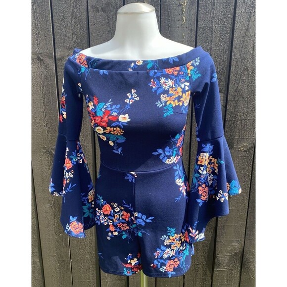 Navy Blue Retro 70s Bell Sleeves Stretch Off the Shoulder Shorts Romper Small - Picture 2 of 9